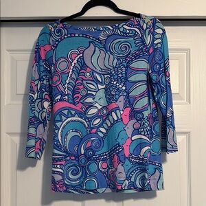 Lilly Pulitzer Blue and Pink Graphic 3/4 Sleeve Blouse